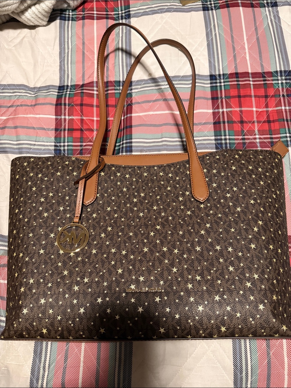 Michael Kors Brown Tote with Gold Star Print and Tan Handles